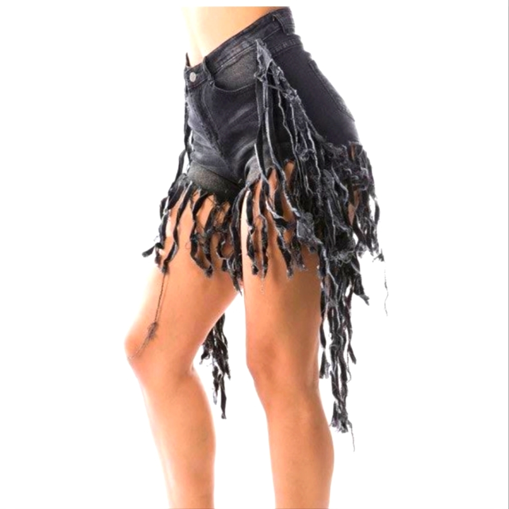 Fringe Denim Jean Shorts High Waist Distressed Size XL Black Detail Frayed Booty